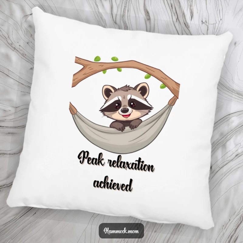 Funny raccoon peeking with a curious grin from a hammock, featured on a soft, decorative pillow.