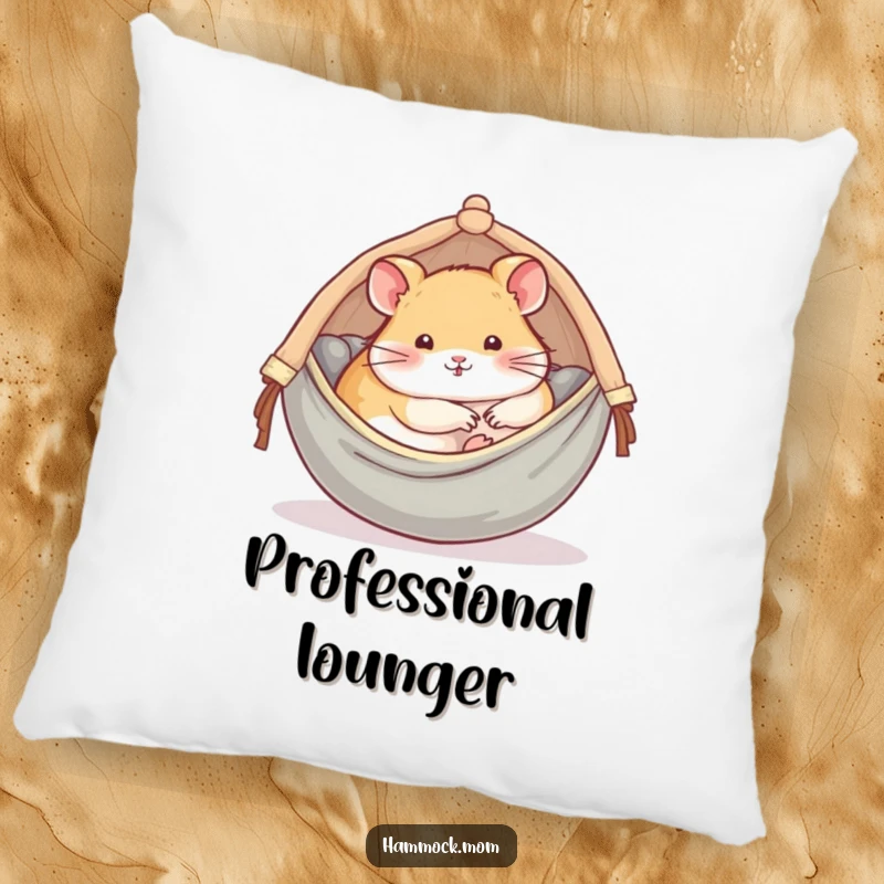 Funny pillow featuring a delightful hamster comfortably curled up in a tiny, cozy hammock, perfect for relaxation.
