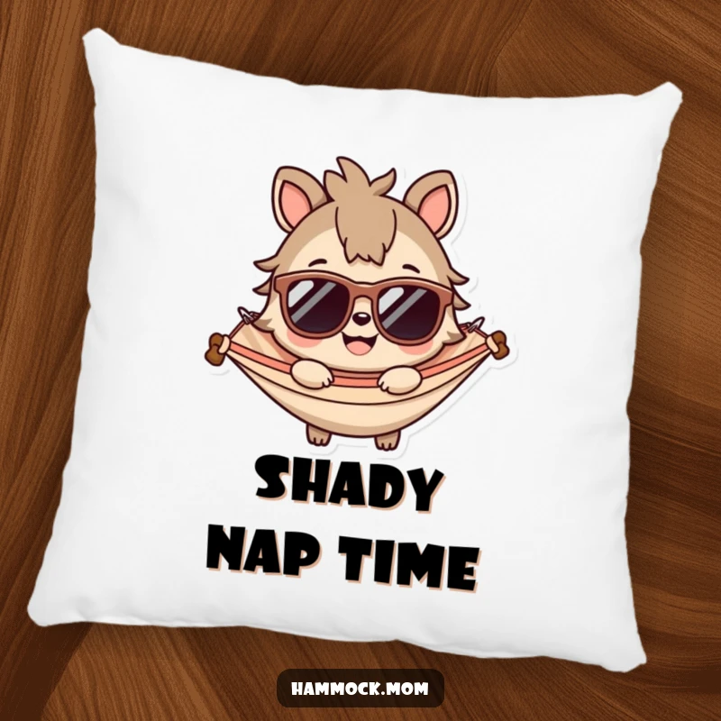 Funny pillow showcasing a smiling animal character wearing sunglasses, designed for comfort and adding a cool, humorous touch to any space.