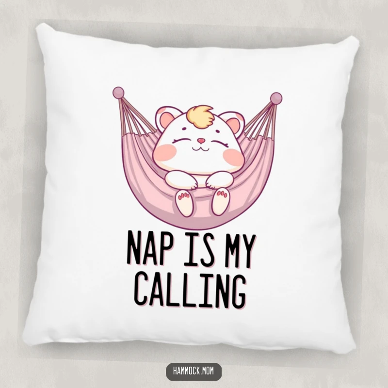 Funny Pillow depicting a mom animal blissfully napping in a hammock, offering hilarious comfort.