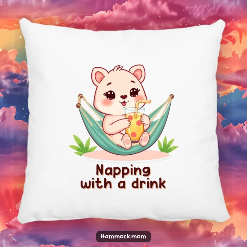 Funny Pillow depicting a mom animal holding a refreshing drink with a straw in a hammock, offering hilarious comfort.
