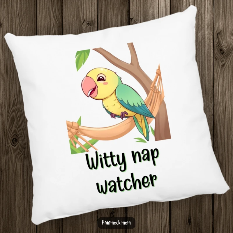 Funny pillow featuring a giggling parrot perched on the edge of a hammock, perfect for adding amusement.