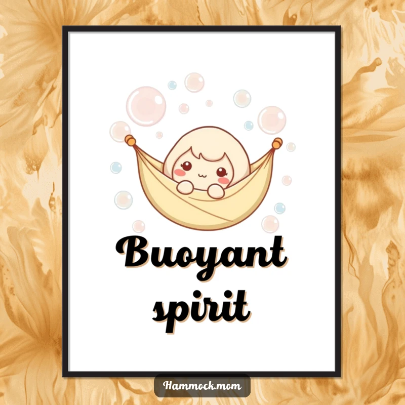 Funny digital art print of a kawaii hammock character floating among gentle bubbles, perfect for calming wall decor.