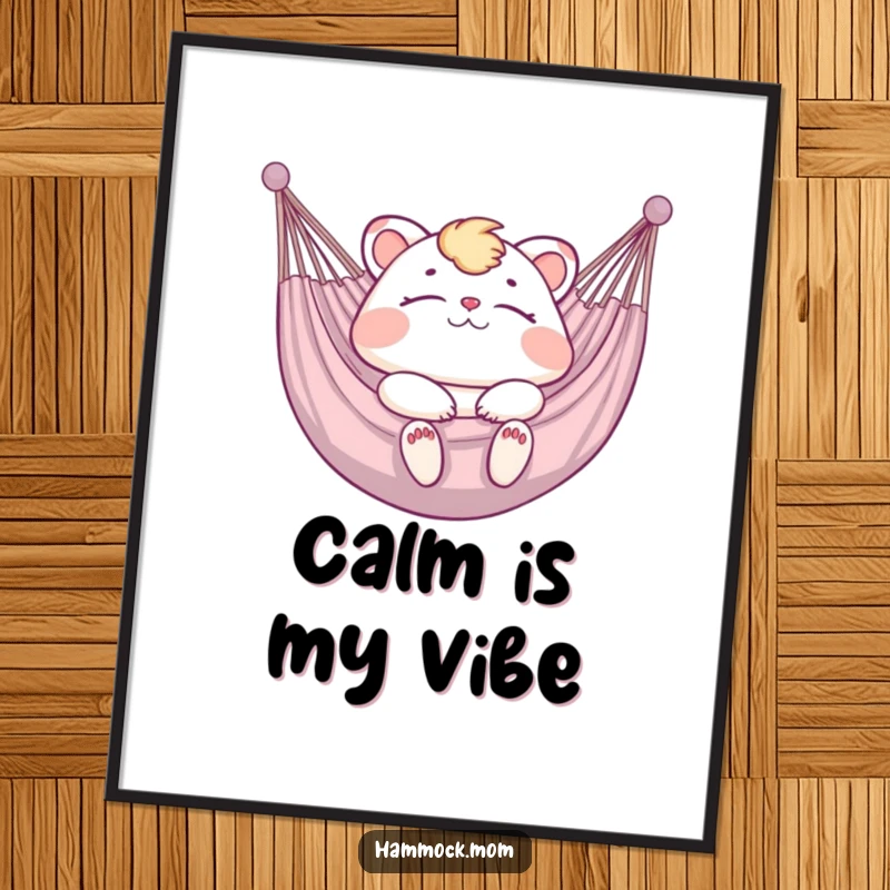 Funny Digital Art Print of a mom animal blissfully relaxing in a hammock, conveying serene humor.