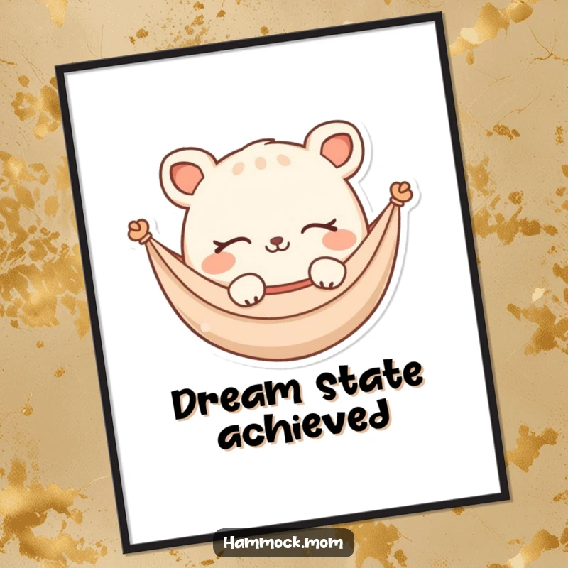 Funny Digital Art Print: A charming hammock animal character dreaming with closed eyes and a soft smile, perfect for humorous decor.