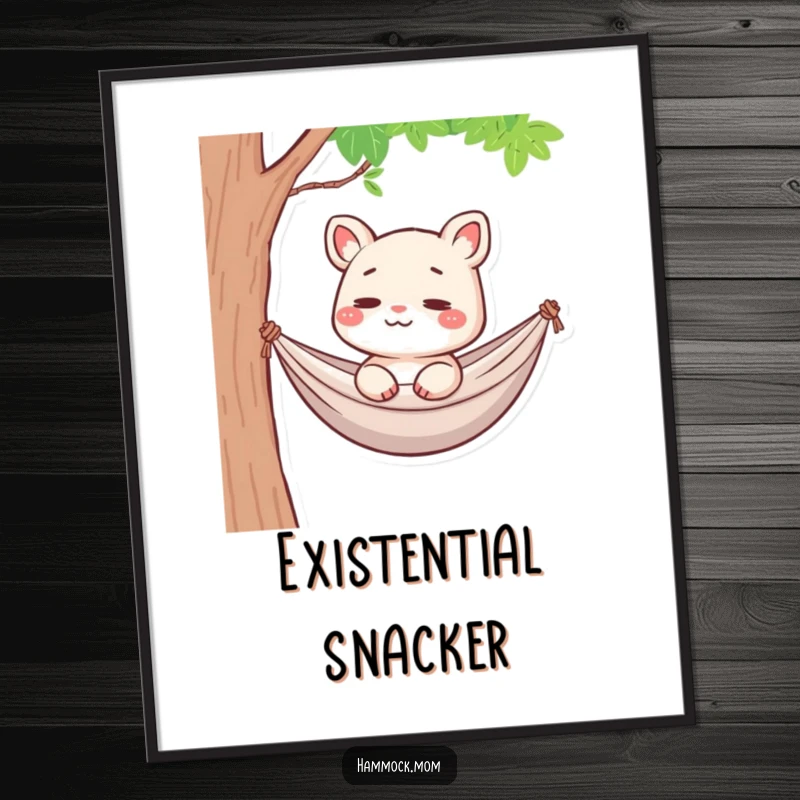 Funny Hammock Mom Animal Digital Art Print: A cartoon mom animal in a hammock, smiling faintly, lost in thought, for funny home decor.