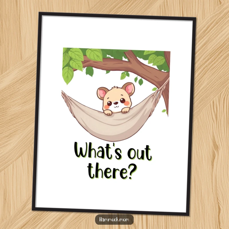 Funny digital art print of a curious animal character peeking over a hammock edge, perfect for sparking interest.