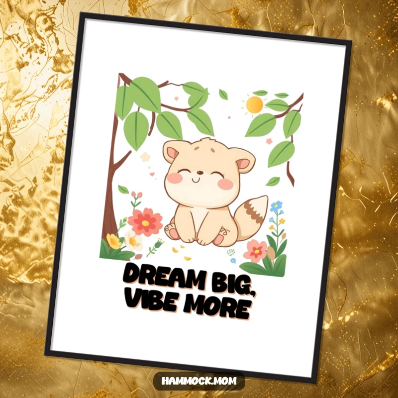 Funny Digital Art Print of a delighted animal character dreaming peacefully in a beautiful nature setting, offering whimsical decor.