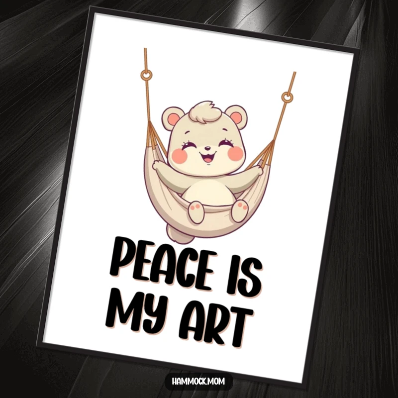 Funny Digital Art Print of a mom animal smiling and gently swinging in a hammock, conveying cheerful humor.