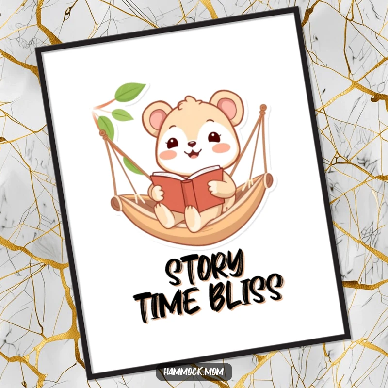 Funny digital art print of a happy animal character reading a book in a hammock, perfect for creating a cozy and humorous atmosphere.