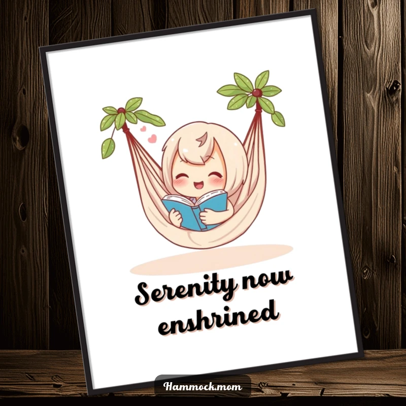 Funny digital art print of a delighted hammock character reading a book with a contented sigh, bringing humor and relaxation to any room.