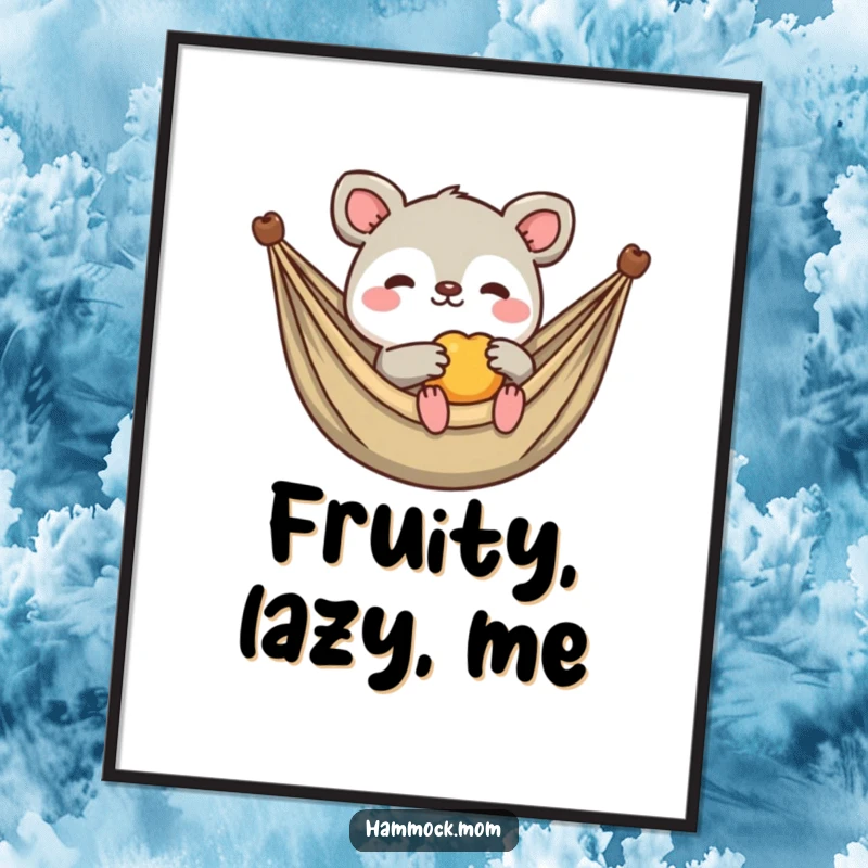 Funny Kawaii Animal Digital Art Print: High-resolution image of a creature offering fruit while lounging, providing sweet humor for any space.