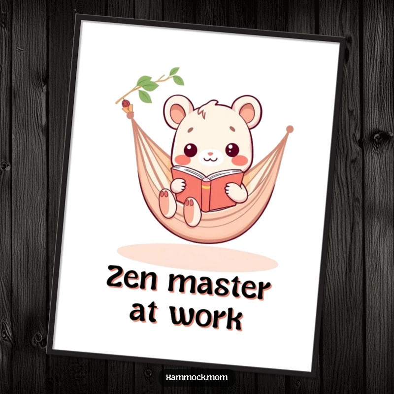 Funny Kawaii hammock animal reading a book in a hammock, a humorous and charming digital art print.