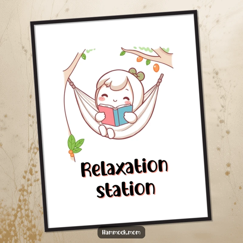 Funny Kawaii hammock digital art print of a character holding a book, looking completely relaxed and content.