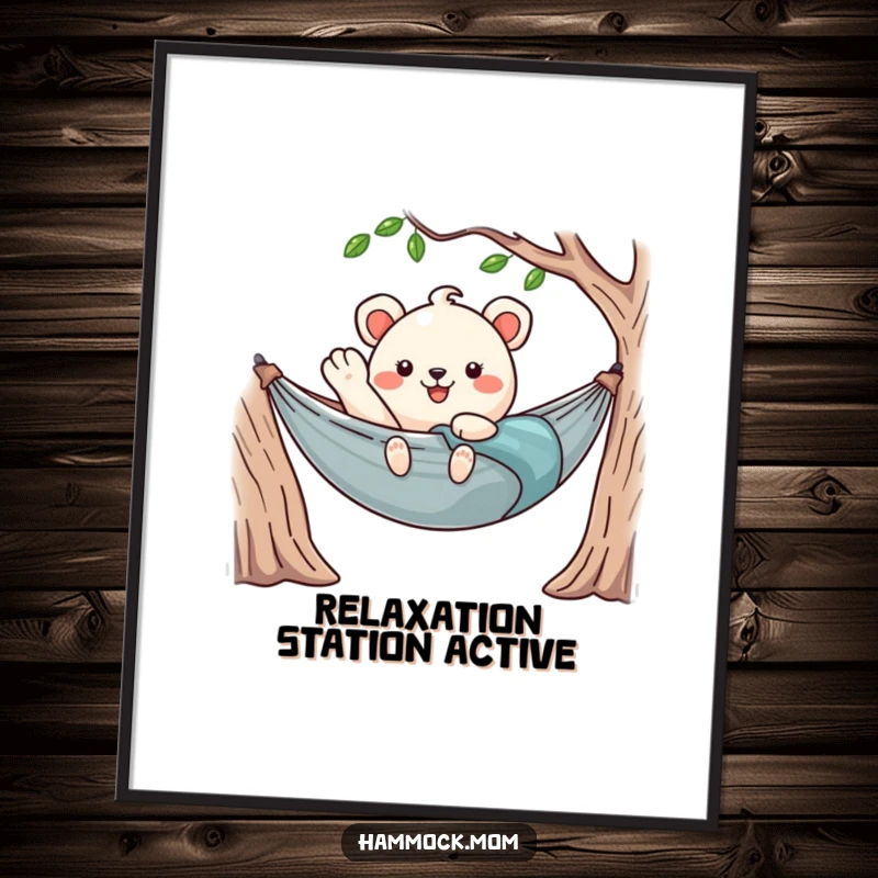 Funny Kawaii Hammock Animal Digital Art Print Waving Hello from Hammock, Instant Wall Art.