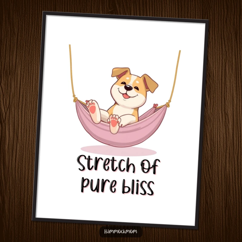 Funny dog digital art print of a dog lazily stretching its paws in a cozy hammock, perfect for humorous decor.