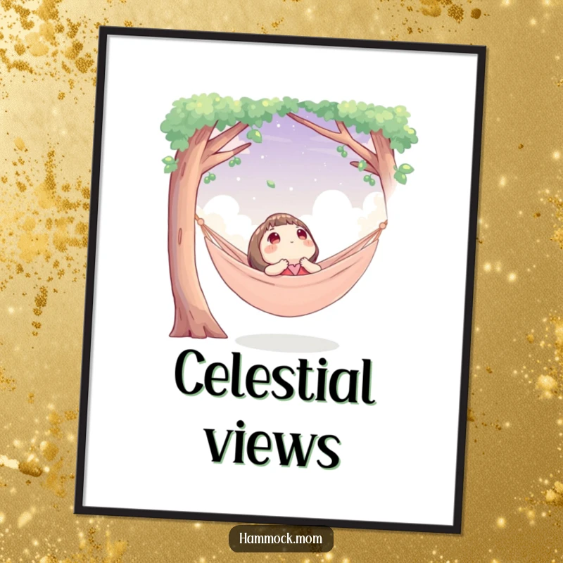 Funny digital art print of a character in a cozy hammock looking up at the sky, evoking a humorous sense of peace.