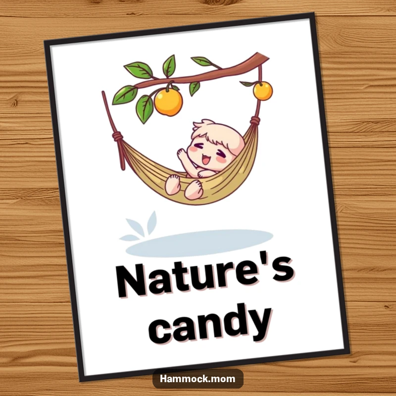 Funny digital art print of a character in a hammock reaching for a dangling fruit, evoking a humorous sense of leisure.