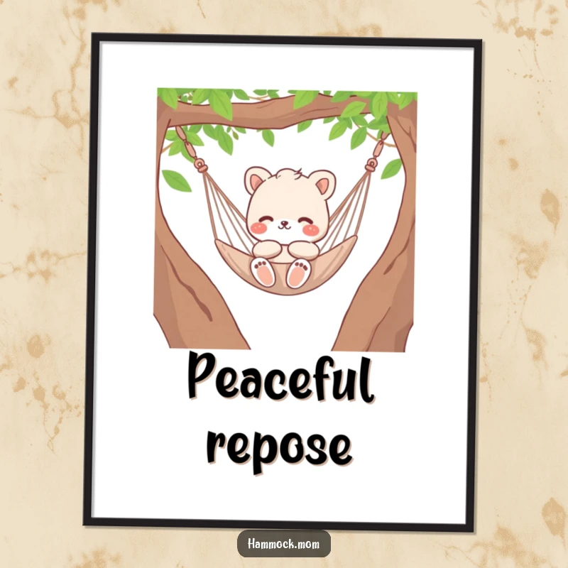 Funny relaxed animal character mom gently swinging in a hammock, calm and humorous digital art print.