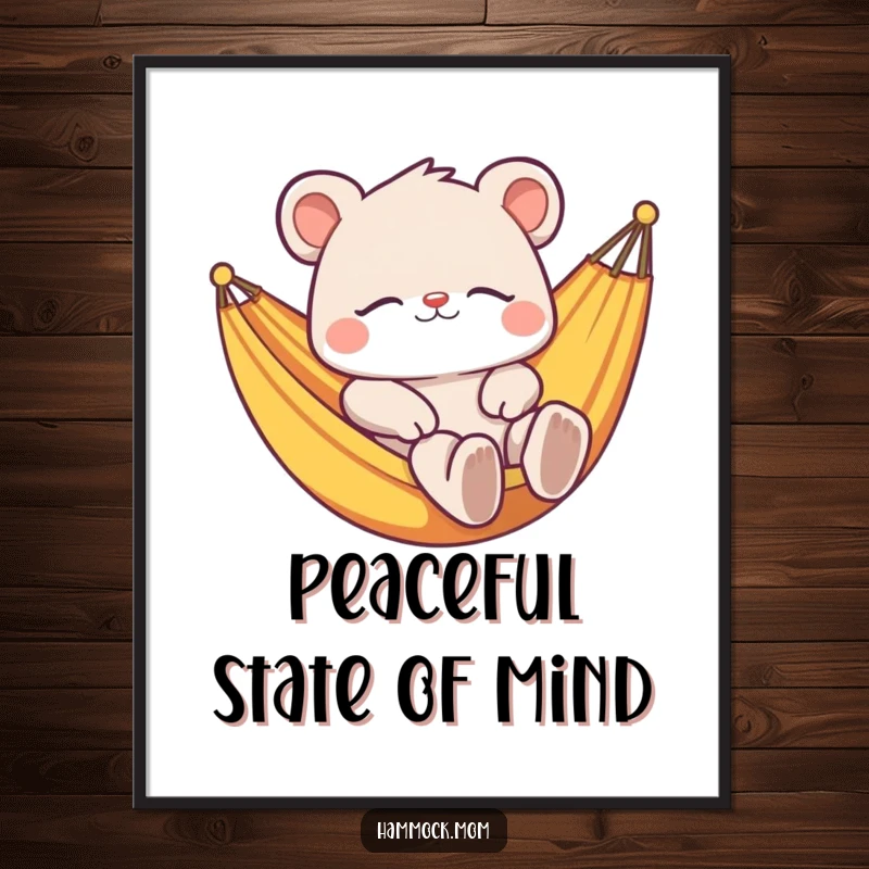 Funny digital art print of a serene animal character lounging contentedly in a hammock, providing instant humorous decor and a sense of peace.