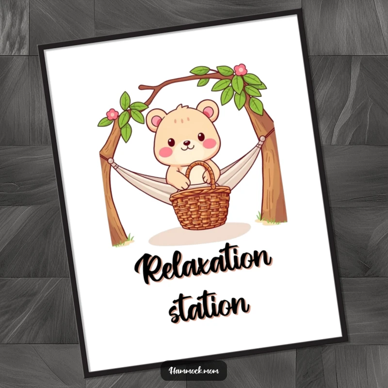 Funny Digital Art Print: Relaxing animal character in a hammock with a picnic basket below, offering instant download wall art for tranquility.