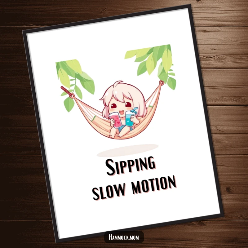 Funny digital art print of a character holding a cool drink in a hammock, offering instant humorous refreshment for any space.