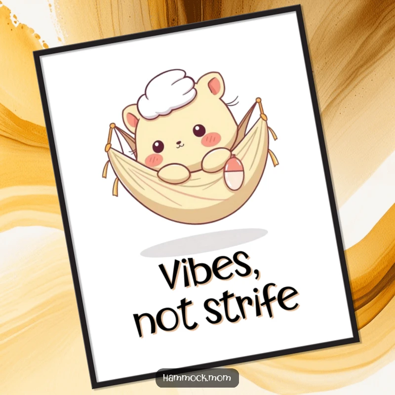 Funny Kawaii Animal Digital Art Print: A high-resolution image of a cute creature in a hammock, fur moved by a breeze, offering humorous calm.