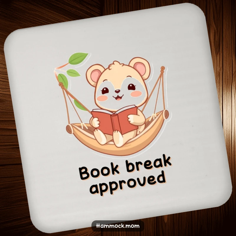 Funny coaster showing a happy animal character reading a book in a hammock, adding a humorous and protective element to tables.