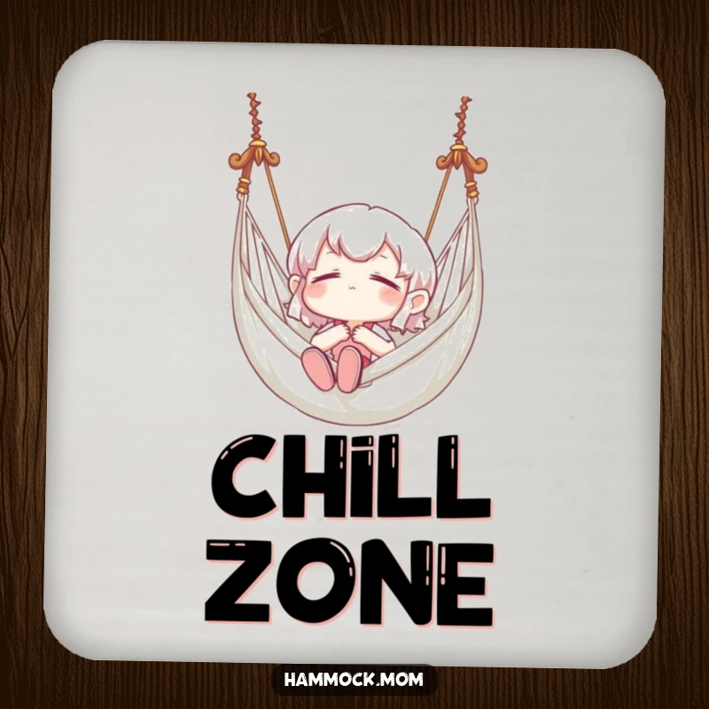 Funny drink coaster featuring a character in blissful repose in a hammock, adding humorous serenity to beverage service.