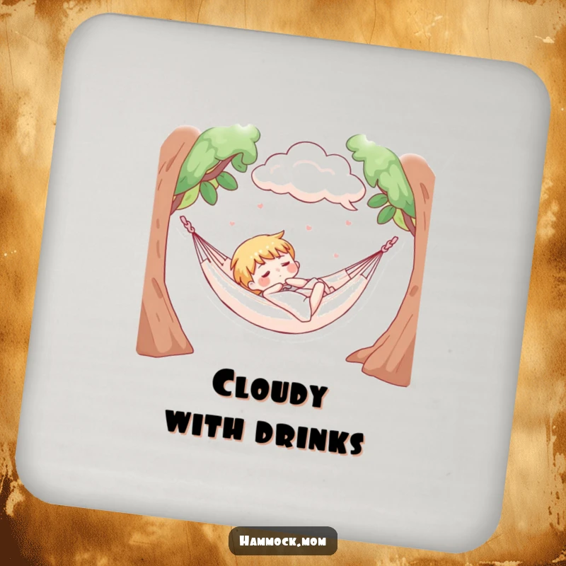 Funny drink coaster with a character napping in a hammock under soft, fluffy clouds, adding dreamy humor and protection.