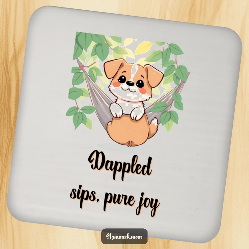 Funny dog enjoying dappled sunlight by a hammock on drink coasters, protecting surfaces with natural humor, an ideal funny gift.