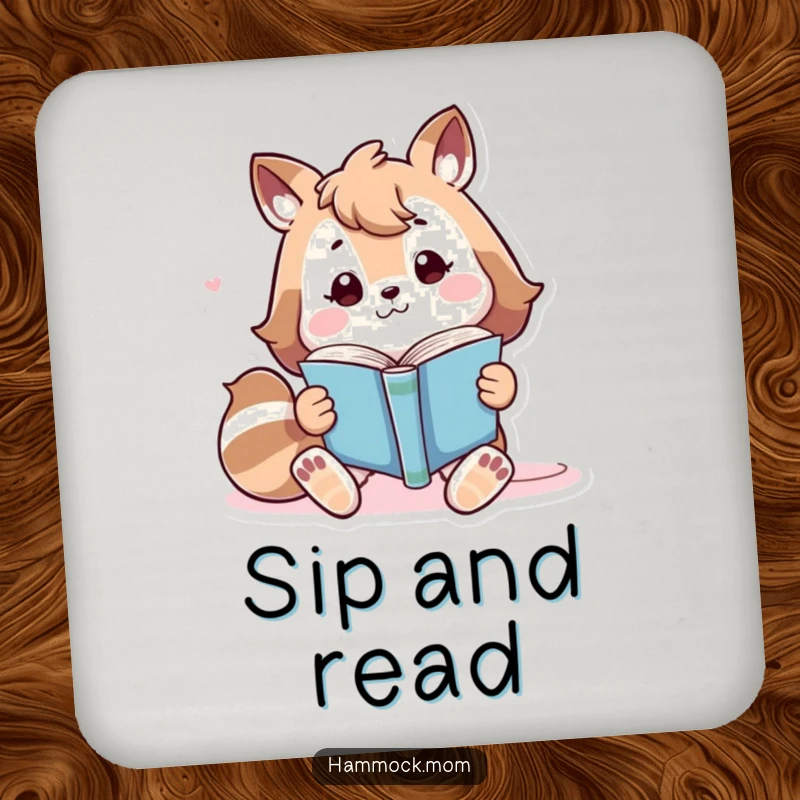 Funny playful animal character lounging with a book, humorous and protective drink coasters.