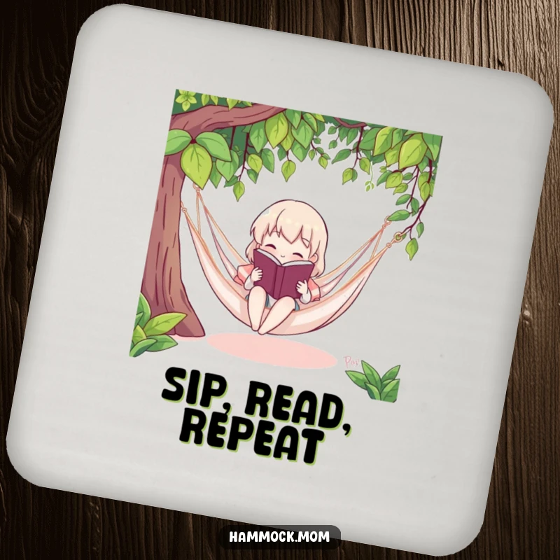 Funny drink coaster featuring a character reading a book in a hammock, adding humorous literary flair to beverage service.