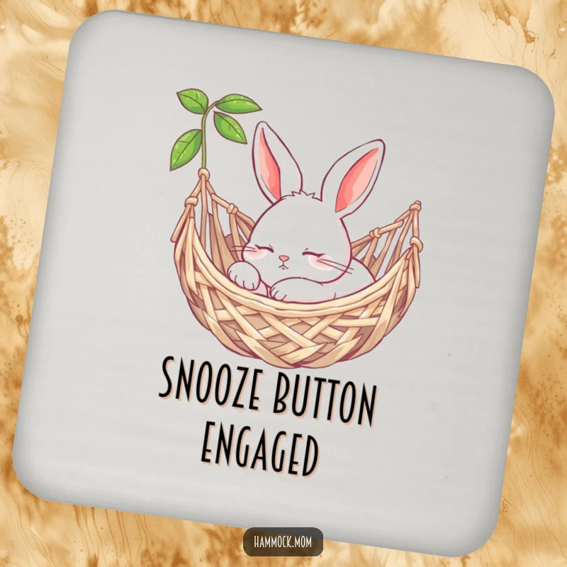 Funny bunny peacefully snoozing in a woven hammock on a drink coaster, offering calm protection.