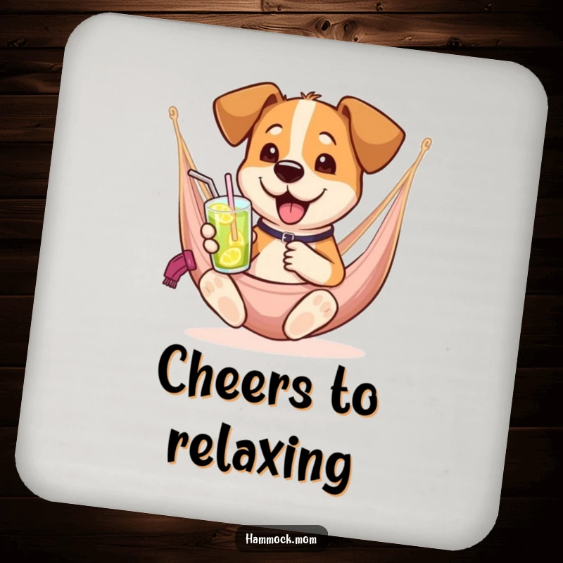 Funny dog coasters depicting a dog lounging in a hammock with a drink, perfect for humorous surface protection.