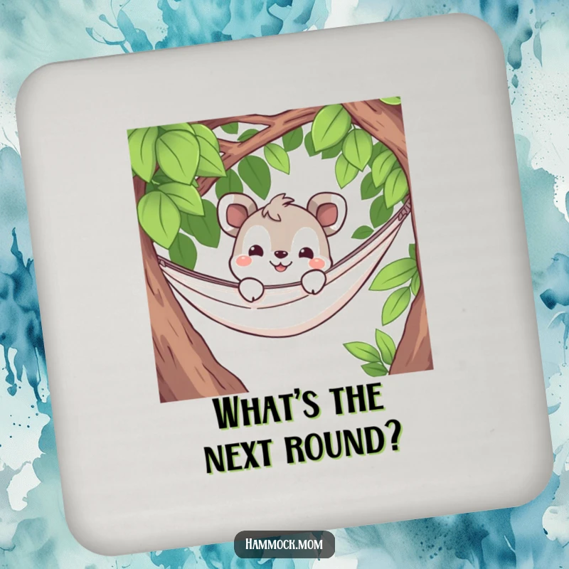 Funny coaster displaying a curious animal character peeking from a hammock with a grin, adding a humorous and protective touch to surfaces.
