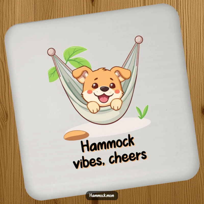 Funny dog peeking from a hammock with an amused look, displayed on drink coasters, protecting surfaces with humor, a great funny gift.