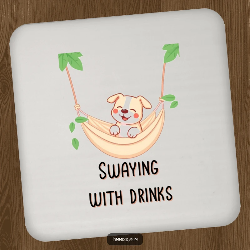 Funny dog hammock drink coaster, a dog dreaming in a hammock, relaxation decor.