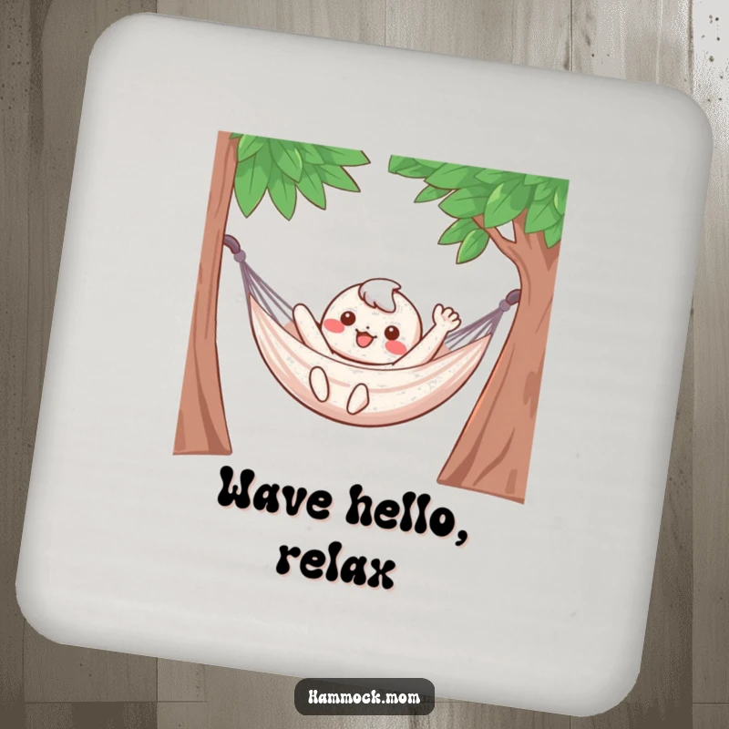 Funny Coasters: A kawaii character waves happily from a hammock, protecting surfaces with chill vibes.