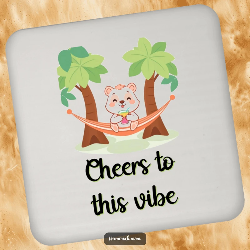 Funny coaster displaying a smiling animal character with a drink, relaxing in a hammock, providing humorous protection for surfaces.