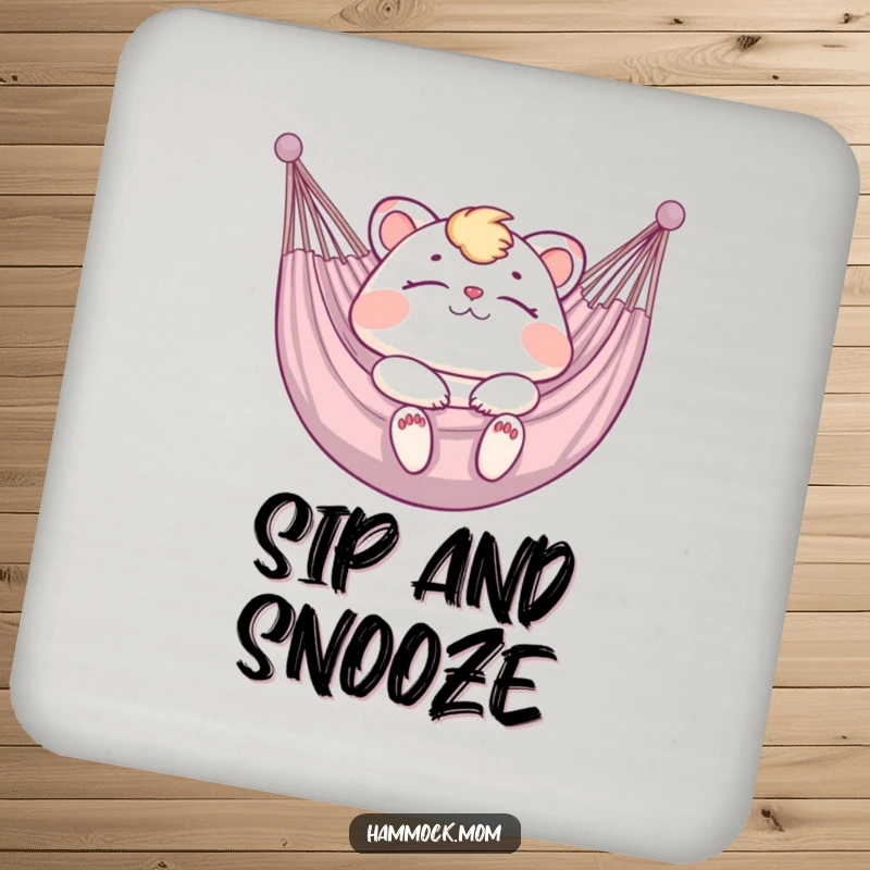 Funny Coaster featuring a mom animal blissfully relaxing in a hammock, protecting surfaces with humor.