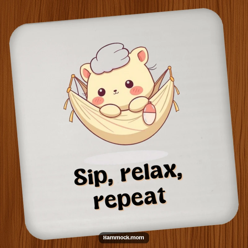 Funny Kawaii Animal Coaster: Protects surfaces with a cute creature in a hammock, breeze rustling fur, adding humor to drinks.