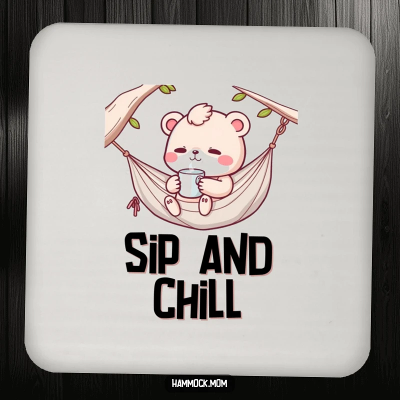 Funny Kawaii hammock animal sipping a drink in a hammock, a humorous and protective drink coaster.