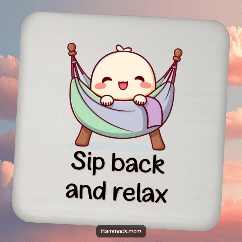 Funny drink coaster with a kawaii hammock character sighing happily, fully at ease, providing relaxed and humorous table protection.