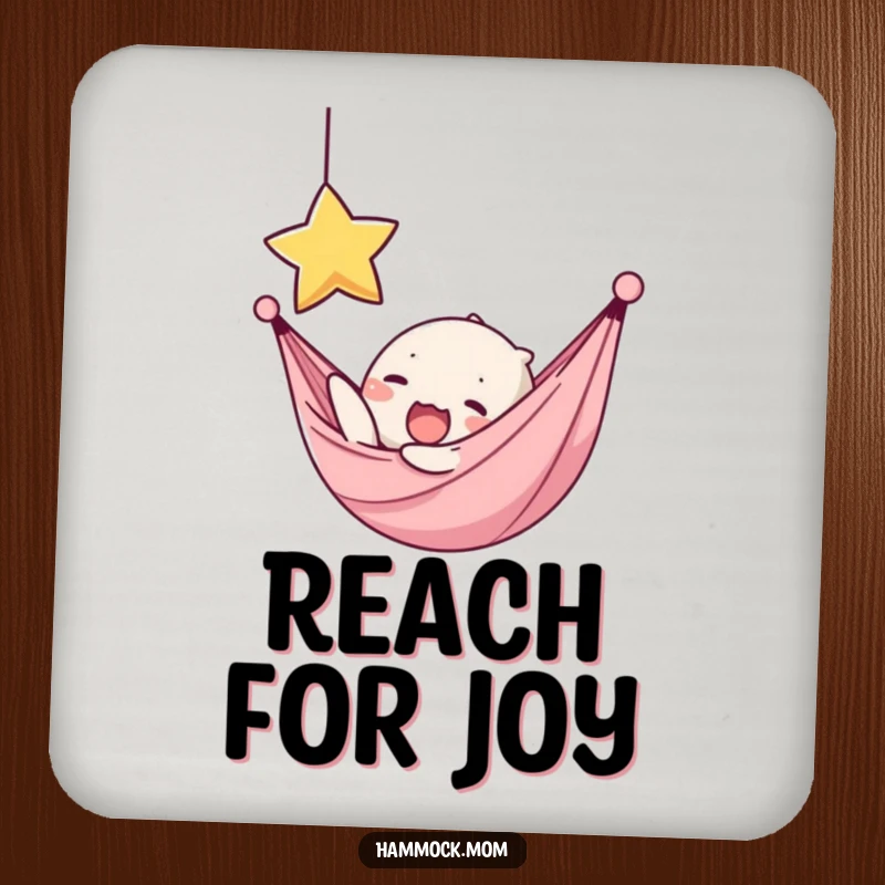Funny drink coaster with a kawaii hammock character yawning, reaching for a star, providing whimsical table protection.