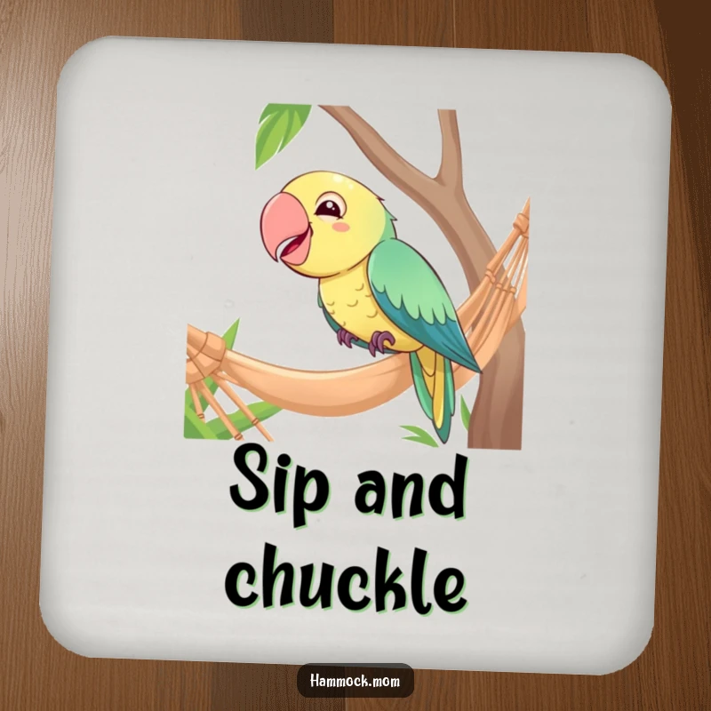 Funny drink coasters featuring a giggling parrot perched on the edge of a hammock, adding humorous charm.