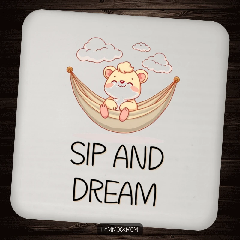 Funny Coaster featuring a mom animal happily watching fluffy clouds drift by in a hammock, protecting surfaces humorously.