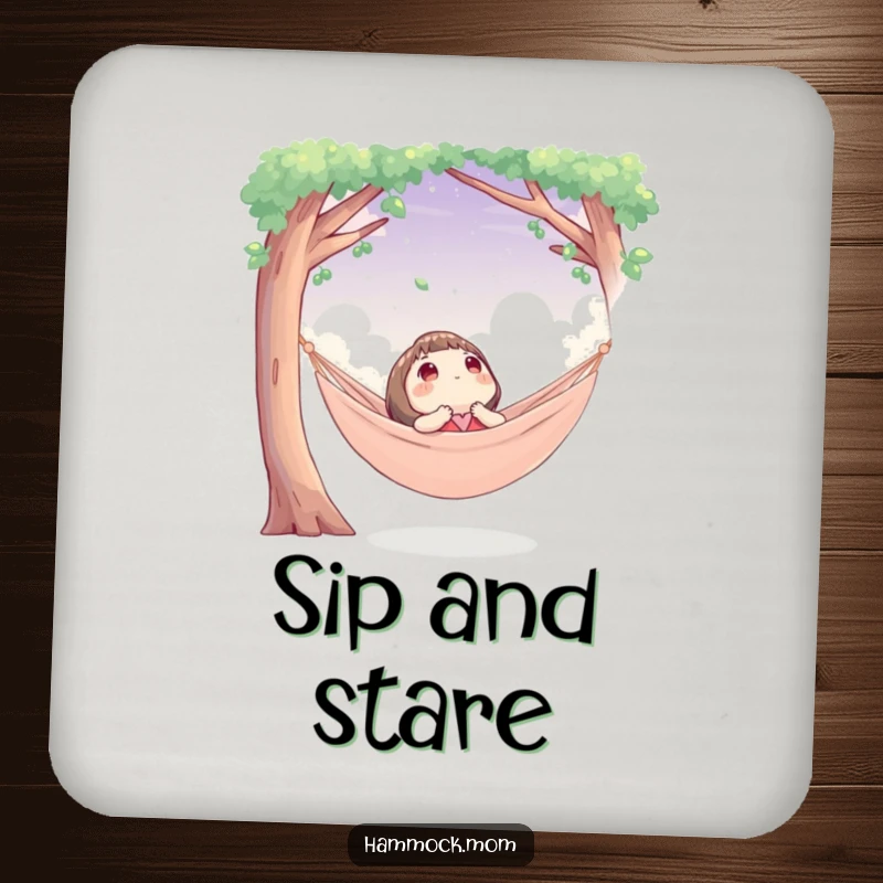 Funny drink coaster showing a character in a hammock looking up at the sky, offering humorous surface protection.