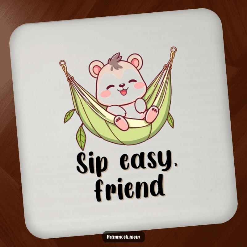 Funny waving animal character coaster, lazy in a hammock, chill drink accessory, humorous gift for home.
