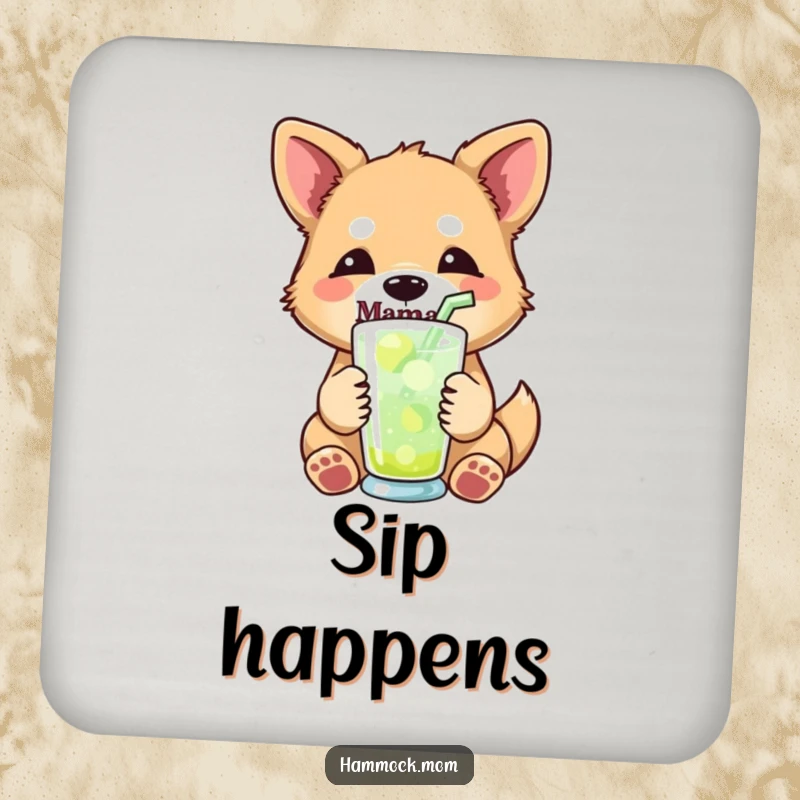 Funny mama dog drink coasters featuring a mama dog with a relaxed expression, holding a refreshing drink with a straw, adding cool humor.